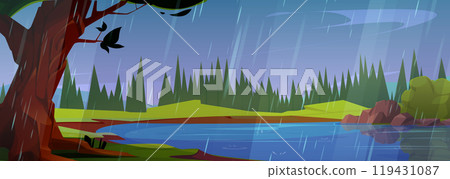 Cartoon rainy landscape with lake in forest Cartoon rainy landscape with lake in forest 119431087