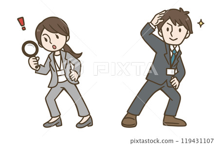 Male and female business people checking Male and female business people checking 119431107