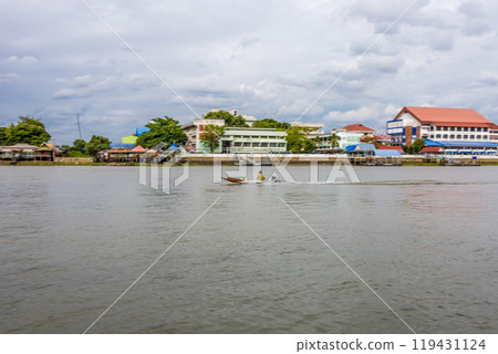 Chao Phraya river in Pathum Thani Speed boat move in the river in the evening time, focus selective 119431124