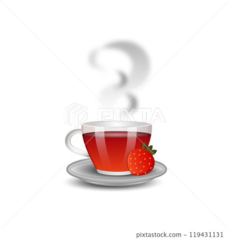 Transparent cup of hot fruit with strawberries on a saucer isolated on a transparent background. 119431131