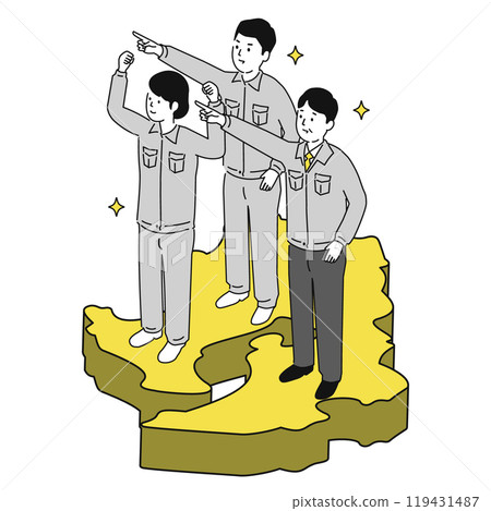 在鹿兒島縣工作的穿著工作服的微笑男女的圖像插圖 119431487