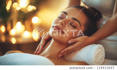 A young woman receives a relaxing massage at a spa. The concept of wellness, relaxation, and self-care. Generative AI. A young woman receives a relaxing massage at a spa. The concept of wellness, relaxation, and self-care. Generative AI. 119431647