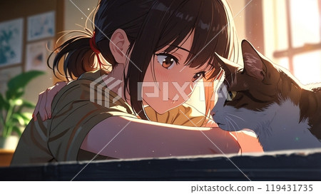 擔心的女孩和貓 擔心的女孩和貓 119431735