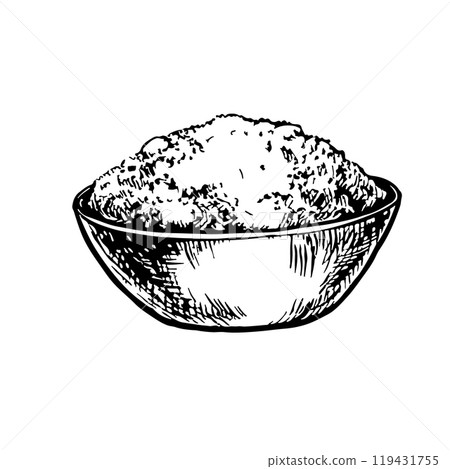 Porridge in a cup. Vector image of food. A black and white hand-drawn illustration. On a white background. Great for menus, posters or stickers, as well as for cooking recipes and invitations. 119431755