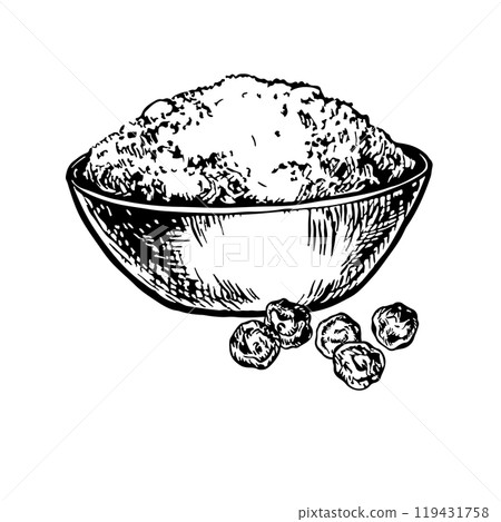 Ground pepper. Vector graphics with the image of fragrant spices. Ground pepper in a cup. A black and white hand-drawn illustration. On a white background. Great for cooking recipes, menus or labels. Ground pepper. Vector graphics with the image of fragrant spices. Ground pepper in a cup. A black and white hand-drawn illustration. On a white background. Great for cooking recipes, menus or labels. 119431758