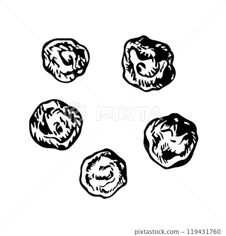 Black pepper. Vector graphics with the image of fragrant spices. A black and white hand-drawn illustration. On a white background. Great for cooking recipes, menus, posters or labels. 119431760