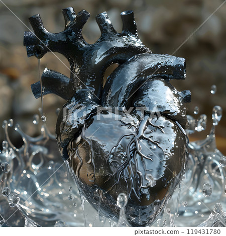 Liquid metal streams form a heart sculpture, creating a captivating display of artistry amid flowing water 119431780