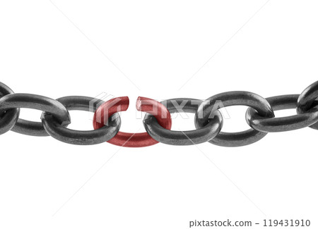 Metal chain with red broken link isolated on white background, concept of freedom Metal chain with red broken link isolated on white background, concept of freedom 119431910