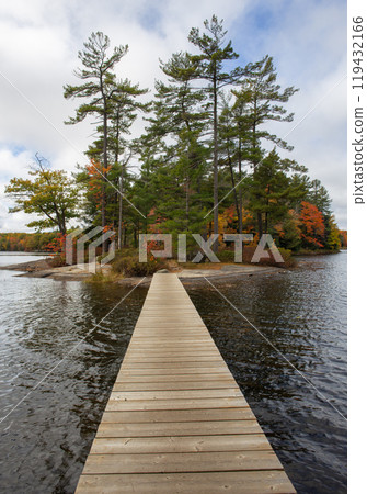 Wooden Bridge to Island on Hardy Lake in Muskoka, Canada. Wooden Bridge to Island on Hardy Lake in Muskoka, Canada. 119432166