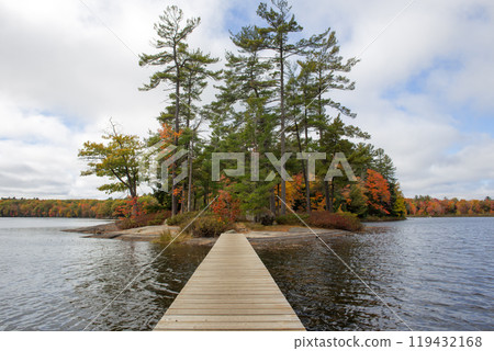 Wooden Bridge to Island on Hardy Lake in Muskoka, Canada. 119432168