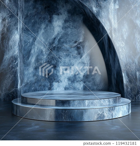 Abstract square template with blue, white and black marble background and overlapping round exhibition stand. AI generated image 119432181