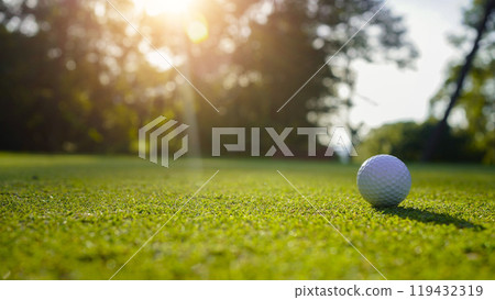 Golf ball on green grass in the evening golf course with sunshine background. 119432319