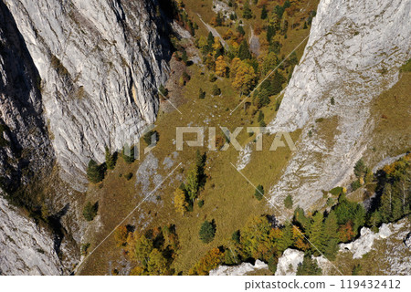 Aerial view of rocky mountain slope autumn trees 119432412