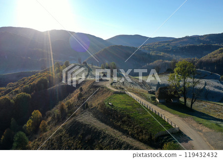 Aerial view of autumn countryside homestead and farmland 119432432