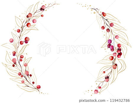 Christmas frame with watercolor twigs with red berries and golden leaves. Holidays Illustration Christmas frame with watercolor twigs with red berries and golden leaves. Holidays Illustration 119432786