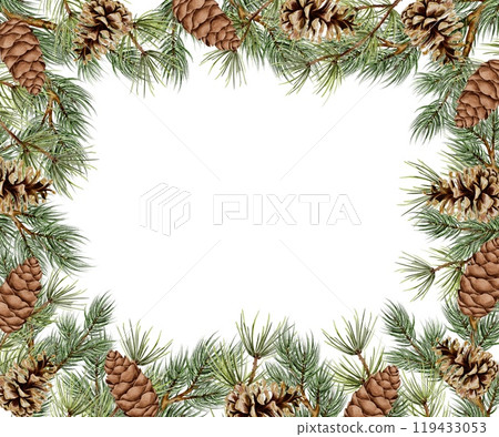 Christmas spruce and pine branch with cones Watercolor frame template on white. Hand drawn illustration for New Year and winter holidays designs in realistic style. Christmas spruce and pine branch with cones Watercolor frame template on white. Hand drawn illustration for New Year and winter holidays designs in realistic style. 119433053