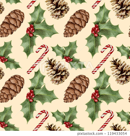 Christmas holly, sugar cane and cones watercolor seamless pattern on yellow. Hand drawn illustration for New Year and winter holidays designs in realistic style. Christmas holly, sugar cane and cones watercolor seamless pattern on yellow. Hand drawn illustration for New Year and winter holidays designs in realistic style. 119433054