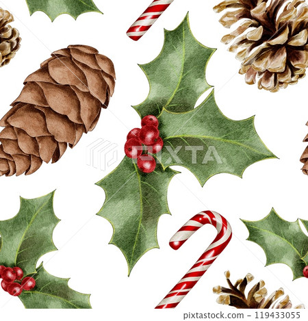 Christmas holly, sugar cane and cones watercolor seamless pattern on white. Hand drawn illustration for New Year and winter holidays designs in realistic style. 119433055