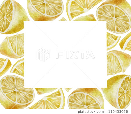 Ripe fresh yellow lemons slice frame watercolor illustration. Hand drawn For packaging juice, tea, cosmetic, perfume, home fragrant. Ripe fresh yellow lemons slice frame watercolor illustration. Hand drawn For packaging juice, tea, cosmetic, perfume, home fragrant. 119433056