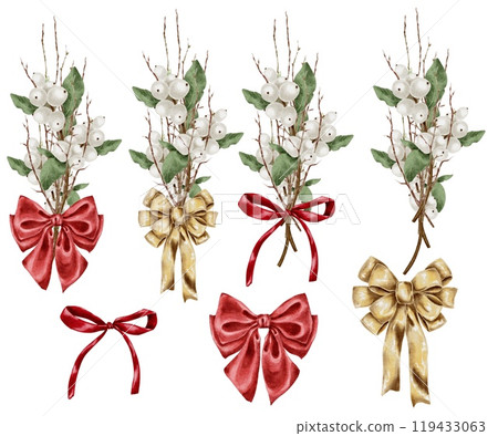 Christmas snowberry bouquet with red and gold bows Watercolor set on white. Hand drawn illustration for New Year and winter holidays designs in realistic style. Christmas snowberry bouquet with red and gold bows Watercolor set on white. Hand drawn illustration for New Year and winter holidays designs in realistic style. 119433063