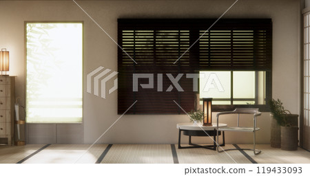 Nihon room design interior with door paper and cabinet shelf wall on tatami mat floor room japanese style. 3D rendering 119433093