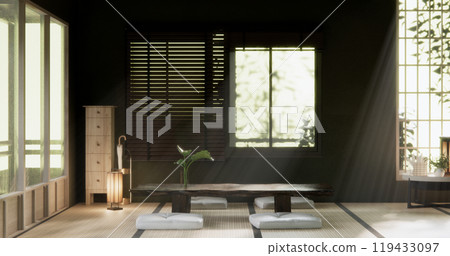 Green dark wall empty room, Modern japanese tatami mat floor, room japanese traditional style. 3D rendering Green dark wall empty room, Modern japanese tatami mat floor, room japanese traditional style. 3D rendering 119433097