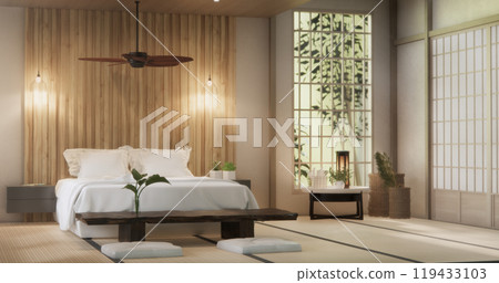 Bedroom japanese minimal style.,Modern white wall and wooden floor, room minimalist. 3D rendering 119433103