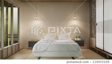 Bedroom japanese minimal style.,Modern white wall and wooden floor, room minimalist. 3D rendering Bedroom japanese minimal style.,Modern white wall and wooden floor, room minimalist. 3D rendering 119433109