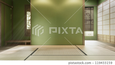 Green dark wall empty room, Modern japanese tatami mat floor, room japanese traditional style. 3D rendering Green dark wall empty room, Modern japanese tatami mat floor, room japanese traditional style. 3D rendering 119433159