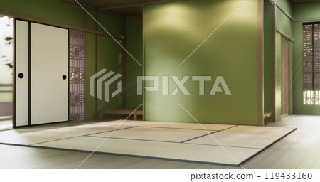 Green dark wall empty room, Modern japanese tatami mat floor, room japanese traditional style. 3D rendering Green dark wall empty room, Modern japanese tatami mat floor, room japanese traditional style. 3D rendering 119433160