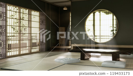 Green dark wall empty room, Modern japanese tatami mat floor, room japanese traditional style. 3D rendering Green dark wall empty room, Modern japanese tatami mat floor, room japanese traditional style. 3D rendering 119433173