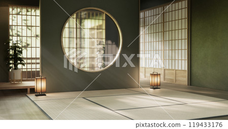 Green dark wall empty room, Modern japanese tatami mat floor, room japanese traditional style. 3D rendering Green dark wall empty room, Modern japanese tatami mat floor, room japanese traditional style. 3D rendering 119433176