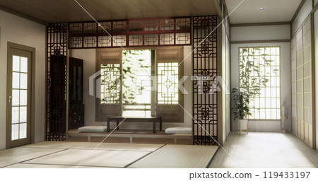 Empty room,Clean japanese traditional style wooden design minimalist room interior, 3D rendering 119433197