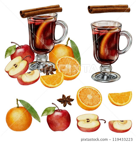 Set of Grintwein, a warm wine drink with cinnamon, star anise, apples and orange 119433223