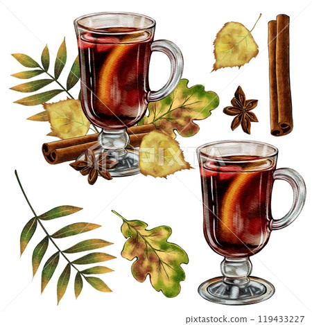 Set of Grintwein, a warm wine drink with cinnamon and star anise With autumn leaves 119433227