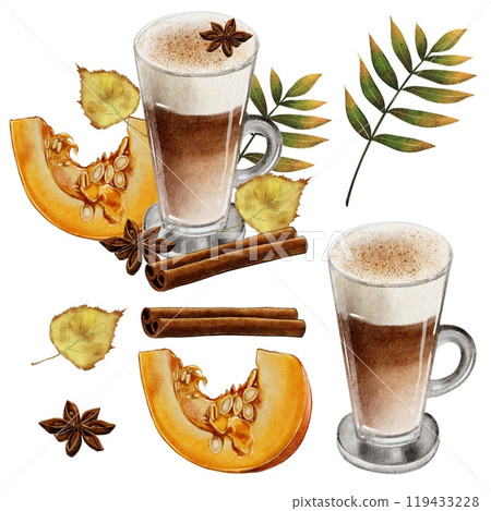 Pumpkin Late, Coffee, Autumn Composition 119433228