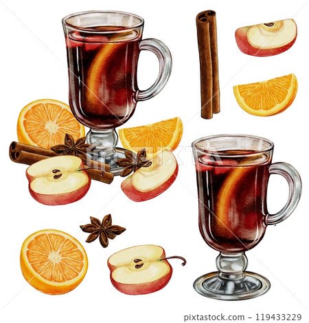 Set of Grintwein, a warm wine drink with cinnamon, star anise, apples and orange 119433229