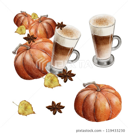 Pumpkin Late, Coffee, Autumn Composition Pumpkin Late, Coffee, Autumn Composition 119433230