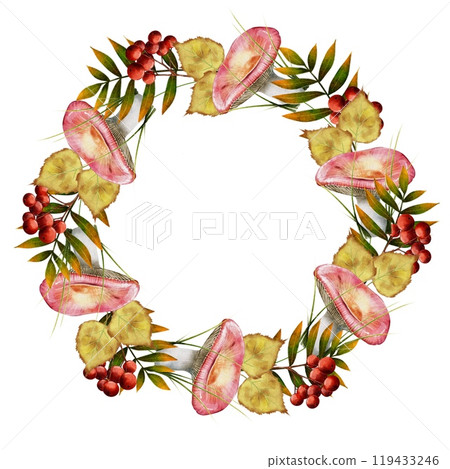 Round frame, wreath of pink russula, rowan and leaves Round frame, wreath of pink russula, rowan and leaves 119433246