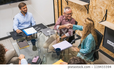 From above of business partners shaking hands during conference meeting 119433394