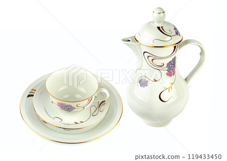 Vintage porcelain coffee pot, cup and saucer isolated on white. Collage. 119433450