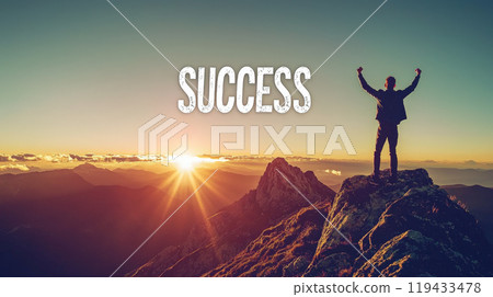 A powerful image of a man standing victoriously on a mountain top at sunset, arms raised in celebration. The word "SUCCESS" is boldly displayed above him. Generative AI 119433478