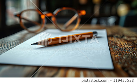 Pencil and Paper: Simplicity on a Wooden Table. Generative AI 119433558