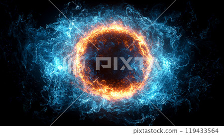 A striking image of a large neon blue orb radiating powerful plasma energy. Generative AI 119433564