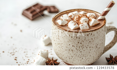Cozy cup of hot chocolate with marshmallows 119433578