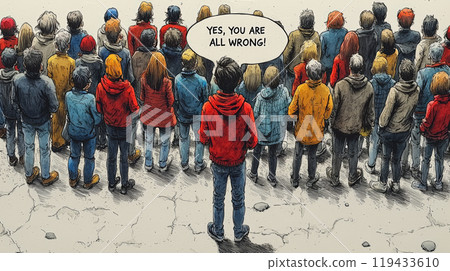 This vibrant cartoon depicts a diverse crowd fixated on a single figure at the forefront, confidently proclaiming, "YES, YOU ARE ALL WRONG!" . Generative AI 119433610