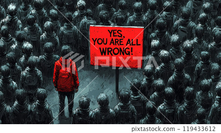 This vibrant cartoon depicts a diverse crowd fixated on a single figure at the forefront, confidently proclaiming, "YES, YOU ARE ALL WRONG!" . Generative AI 119433612