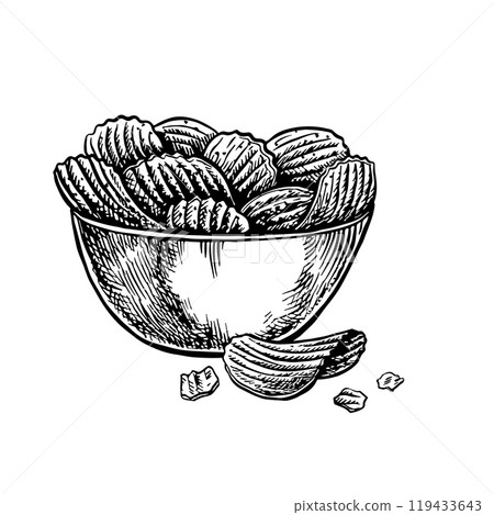 Potato chips in a bowl. Vector graphics with the image of fluted chips. Black and white hand-drawn illustration. On a white background. Great for labels, banners, posters. Potato chips in a bowl. Vector graphics with the image of fluted chips. Black and white hand-drawn illustration. On a white background. Great for labels, banners, posters. 119433643