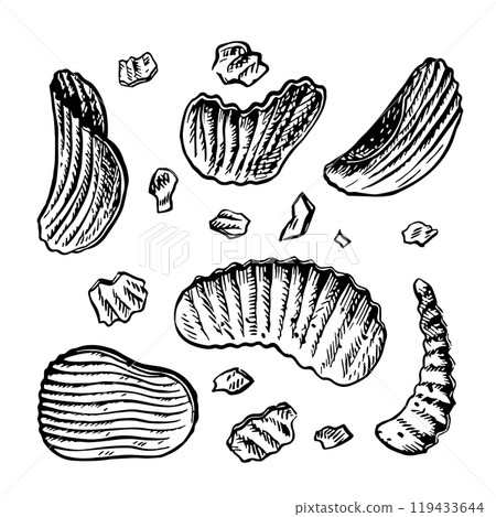Potato chips. Vector graphics with images of flat corrugated chips. Clip art black and white hand-drawn illustrations. On a white background. Great for labels, banners, posters and packages. 119433644