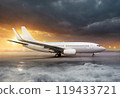 White aircraft in airport at non-flying weather. Winter snow storm. 119433721
